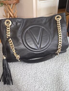 Valentino Black Leather Shoulder Bag with Gold Chain